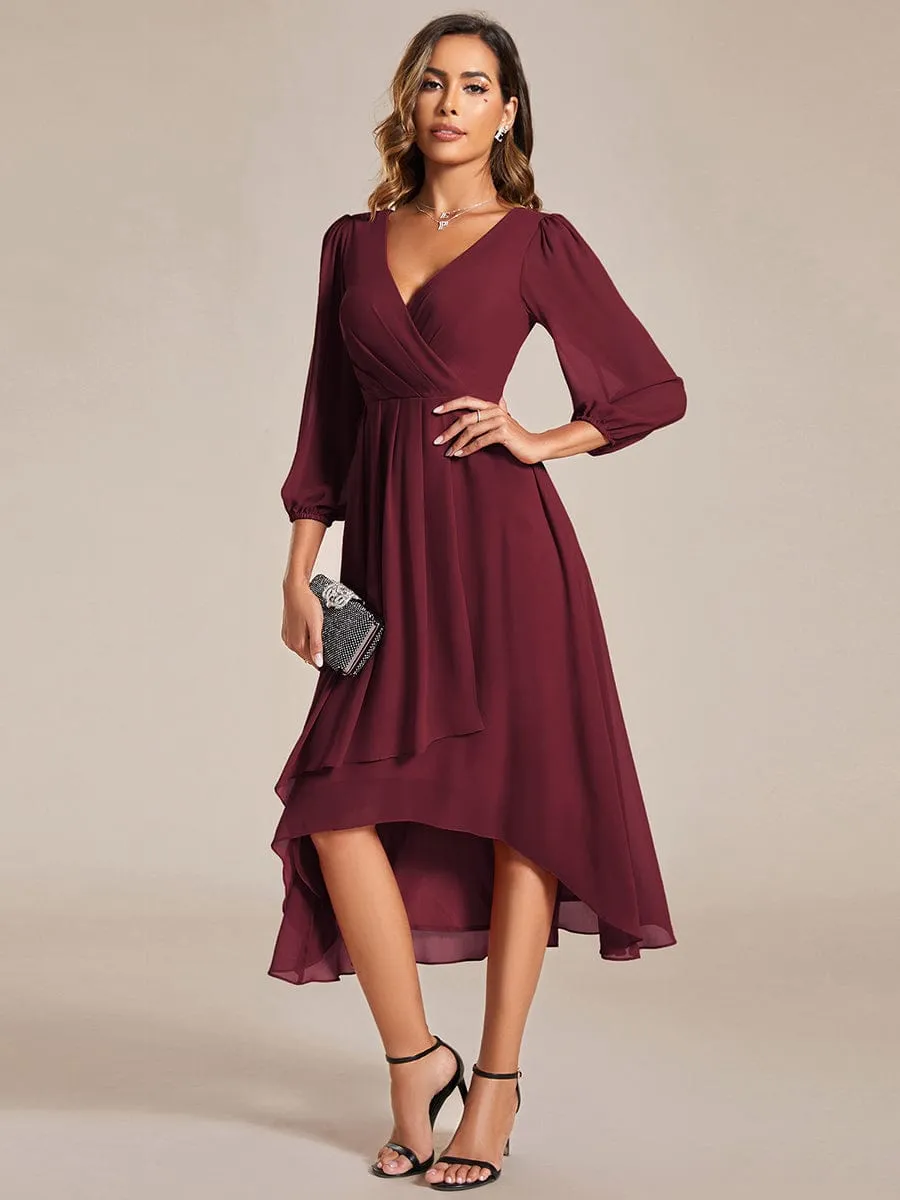 Elegant Long Sleeve V-Neck High Low Chiffon Wedding Guest Dress