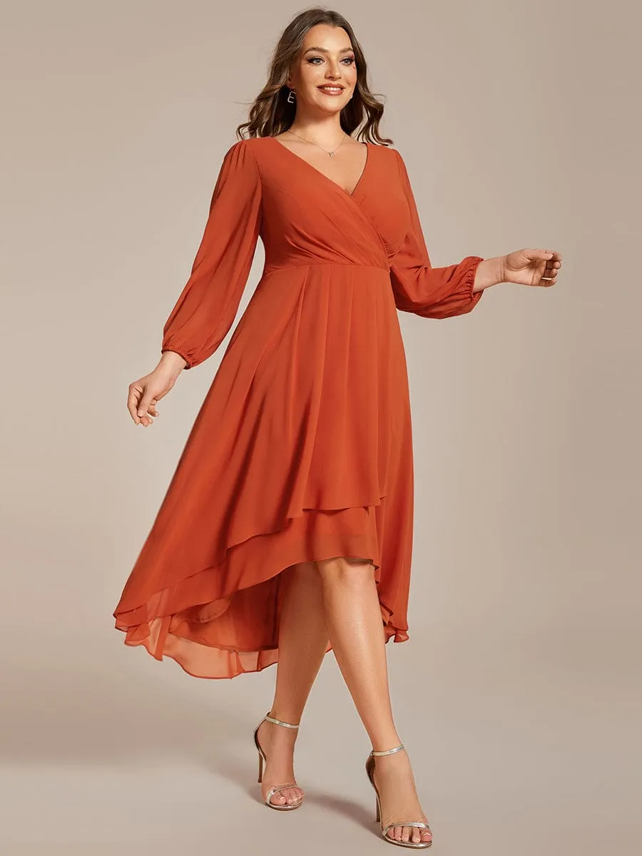 Elegant Long Sleeve V-Neck High Low Chiffon Wedding Guest Dress