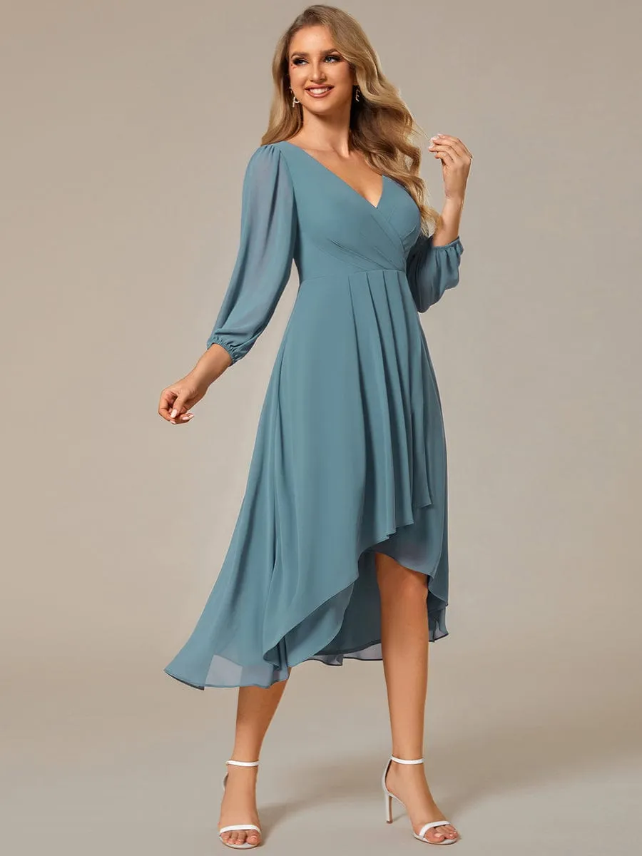 Elegant Long Sleeve V-Neck High Low Chiffon Wedding Guest Dress