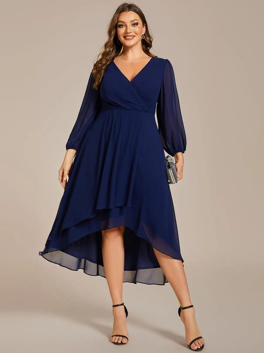 Elegant Long Sleeve V-Neck High Low Chiffon Wedding Guest Dress