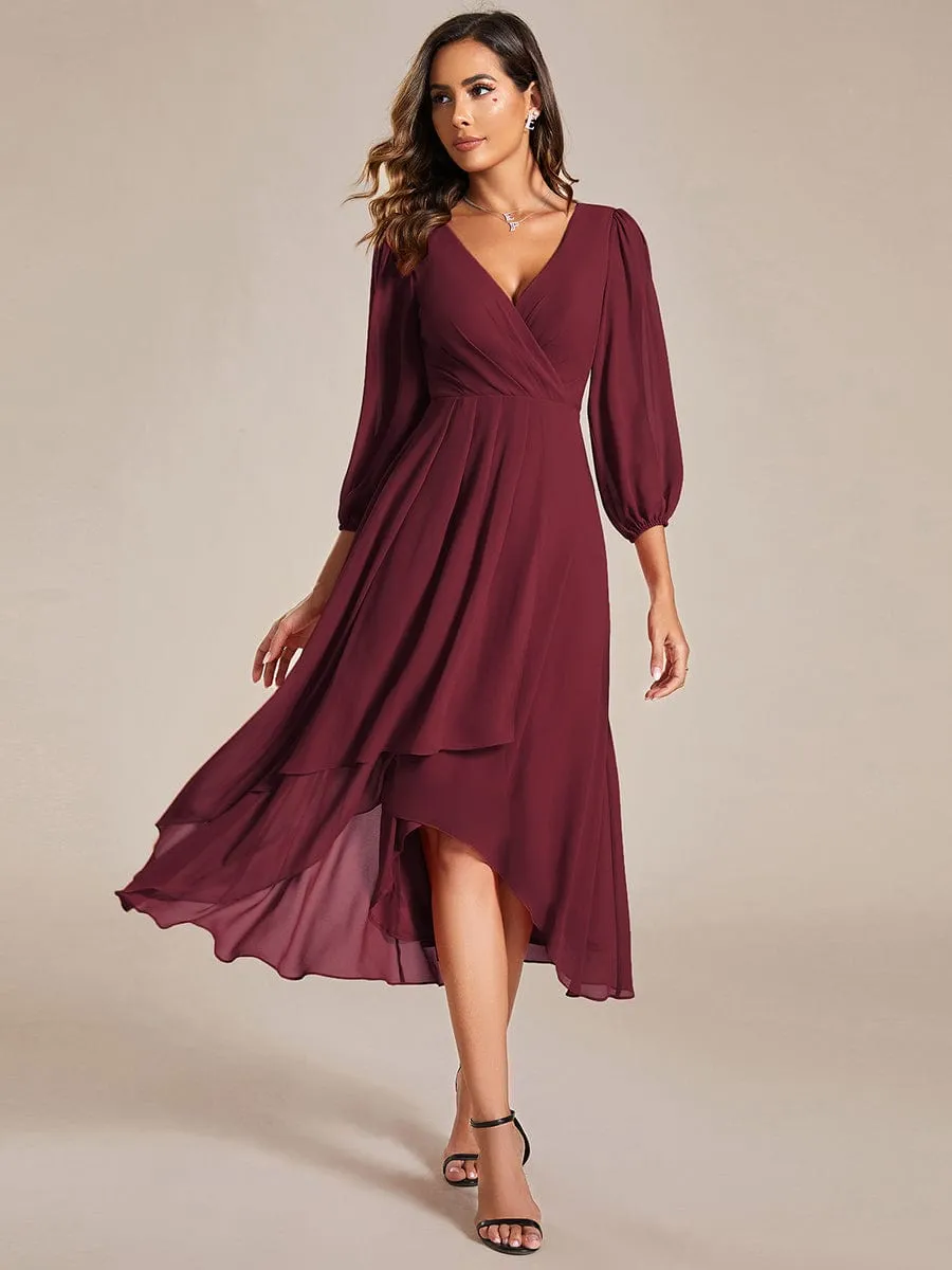 Elegant Long Sleeve V-Neck High Low Chiffon Wedding Guest Dress