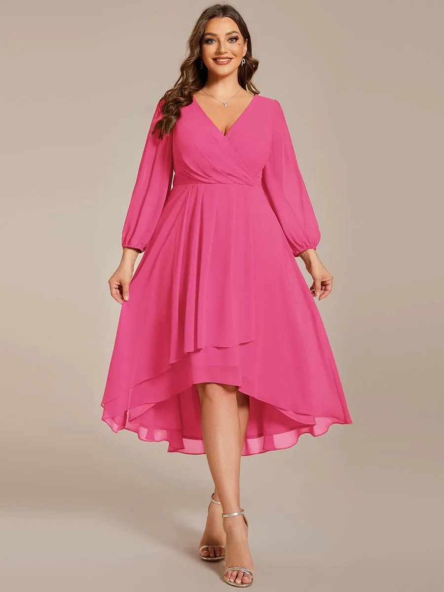 Elegant Long Sleeve V-Neck High Low Chiffon Wedding Guest Dress