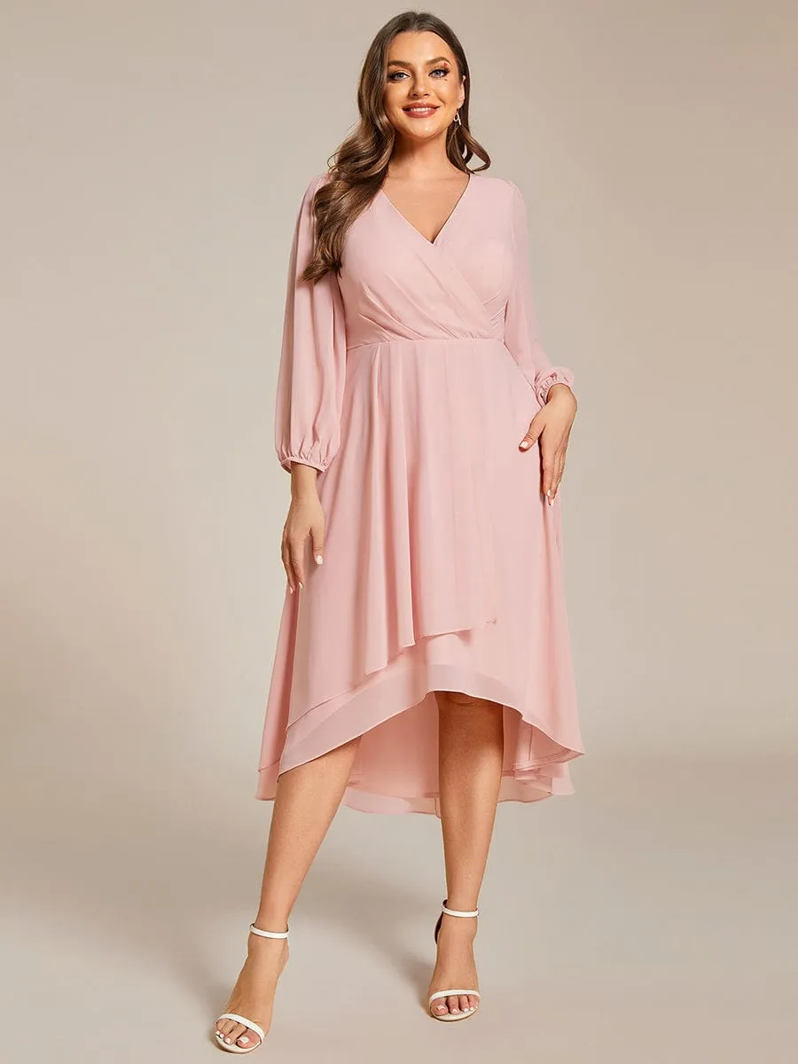 Elegant Long Sleeve V-Neck High Low Chiffon Wedding Guest Dress