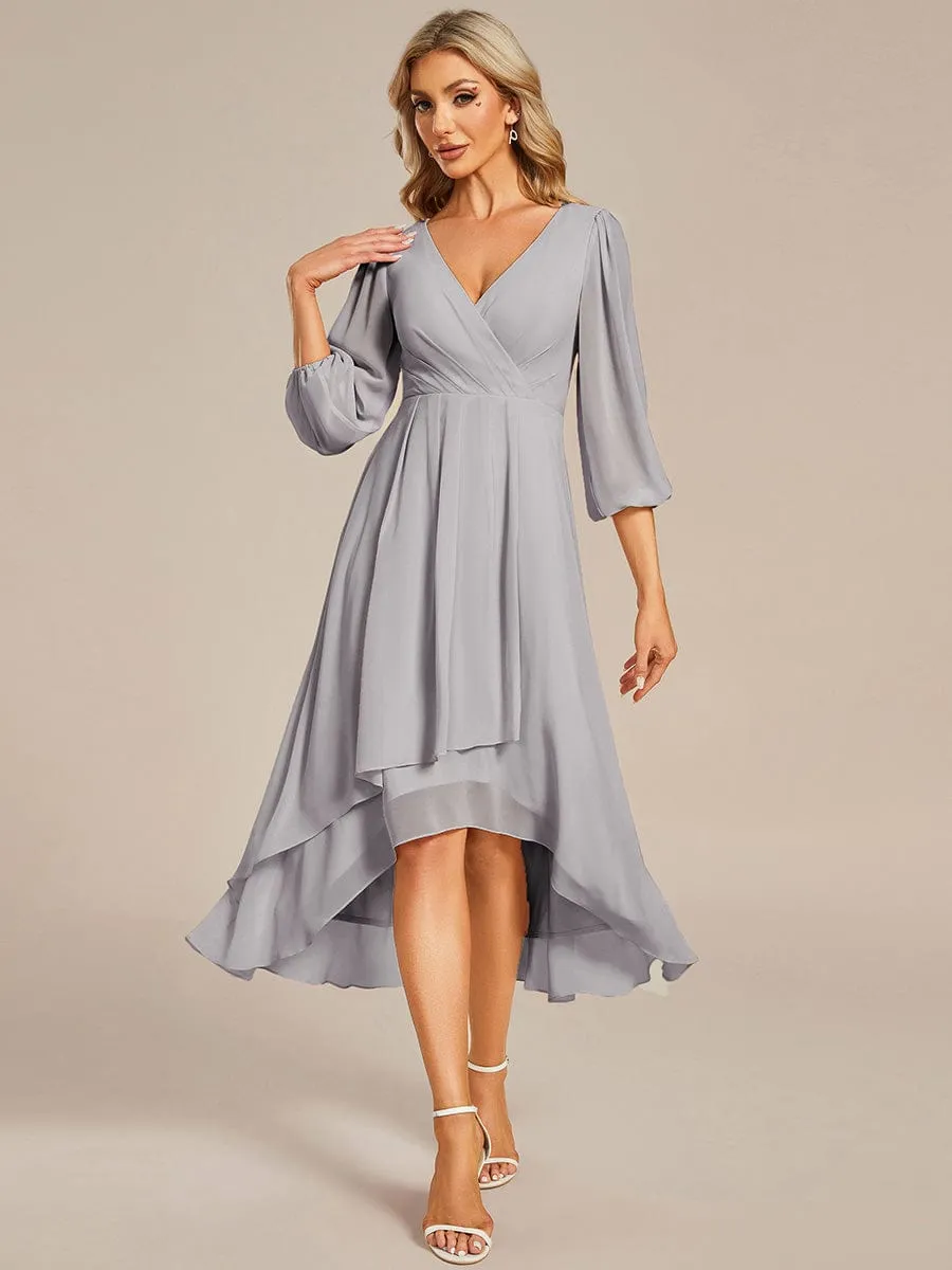 Elegant Long Sleeve V-Neck High Low Chiffon Wedding Guest Dress