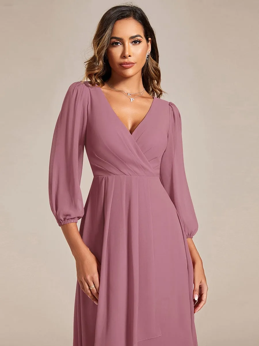 Elegant Long Sleeve V-Neck High Low Chiffon Wedding Guest Dress