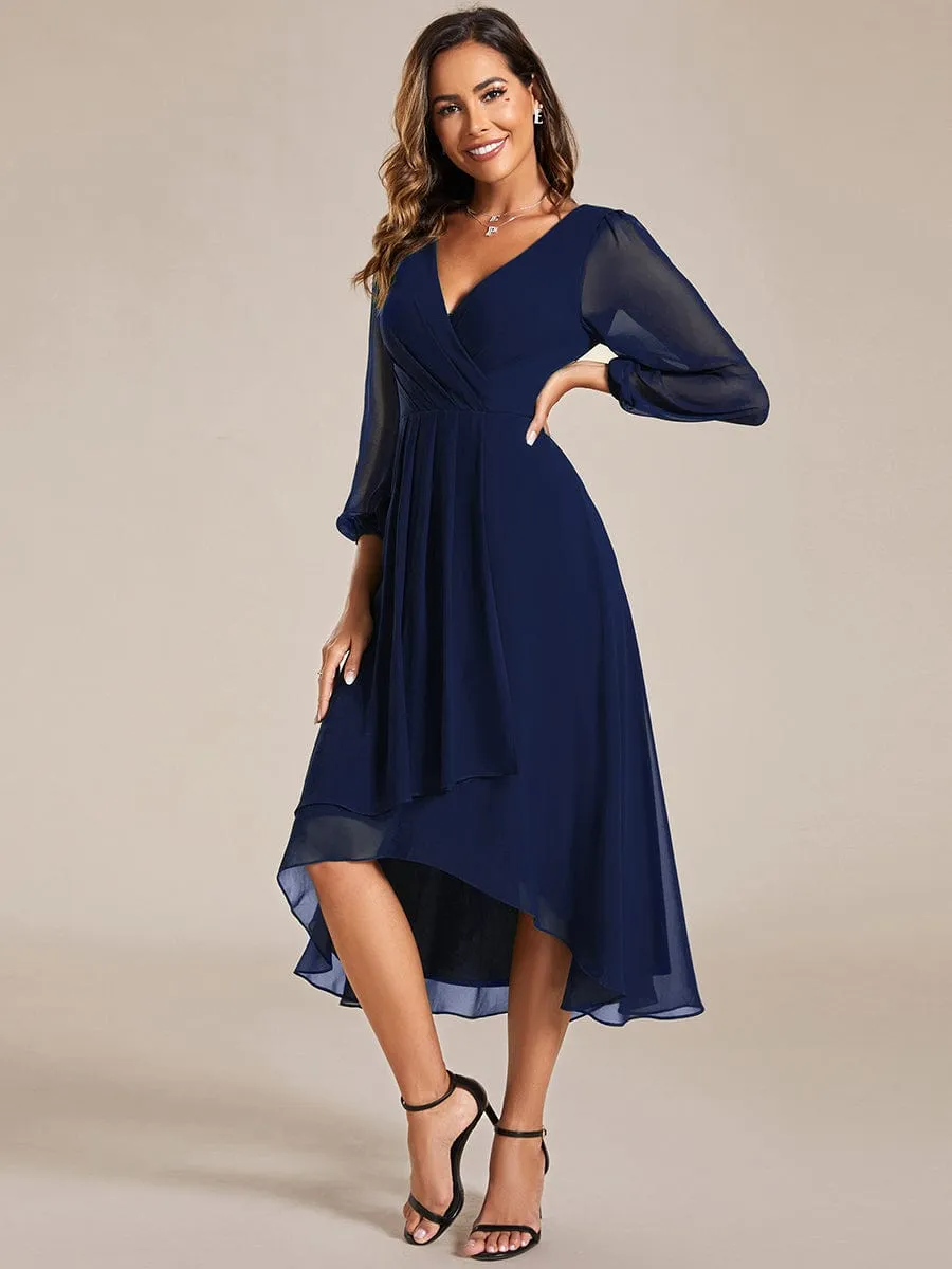 Elegant Long Sleeve V-Neck High Low Chiffon Wedding Guest Dress