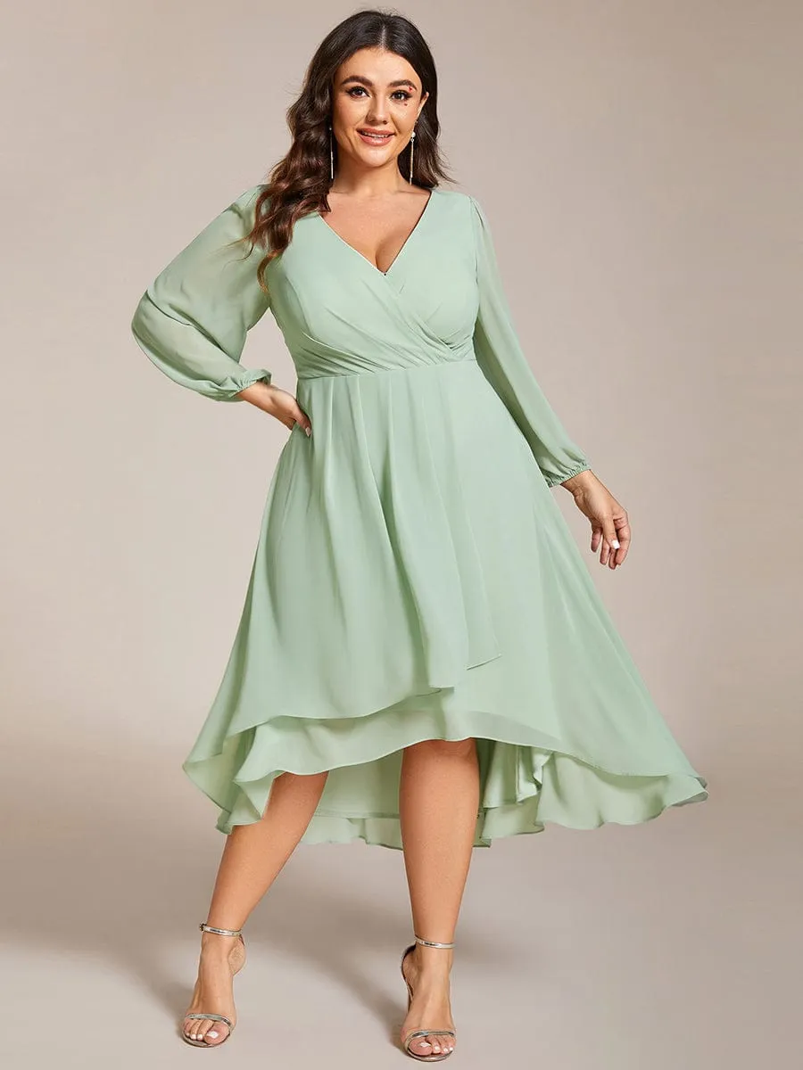 Elegant Long Sleeve V-Neck High Low Chiffon Wedding Guest Dress