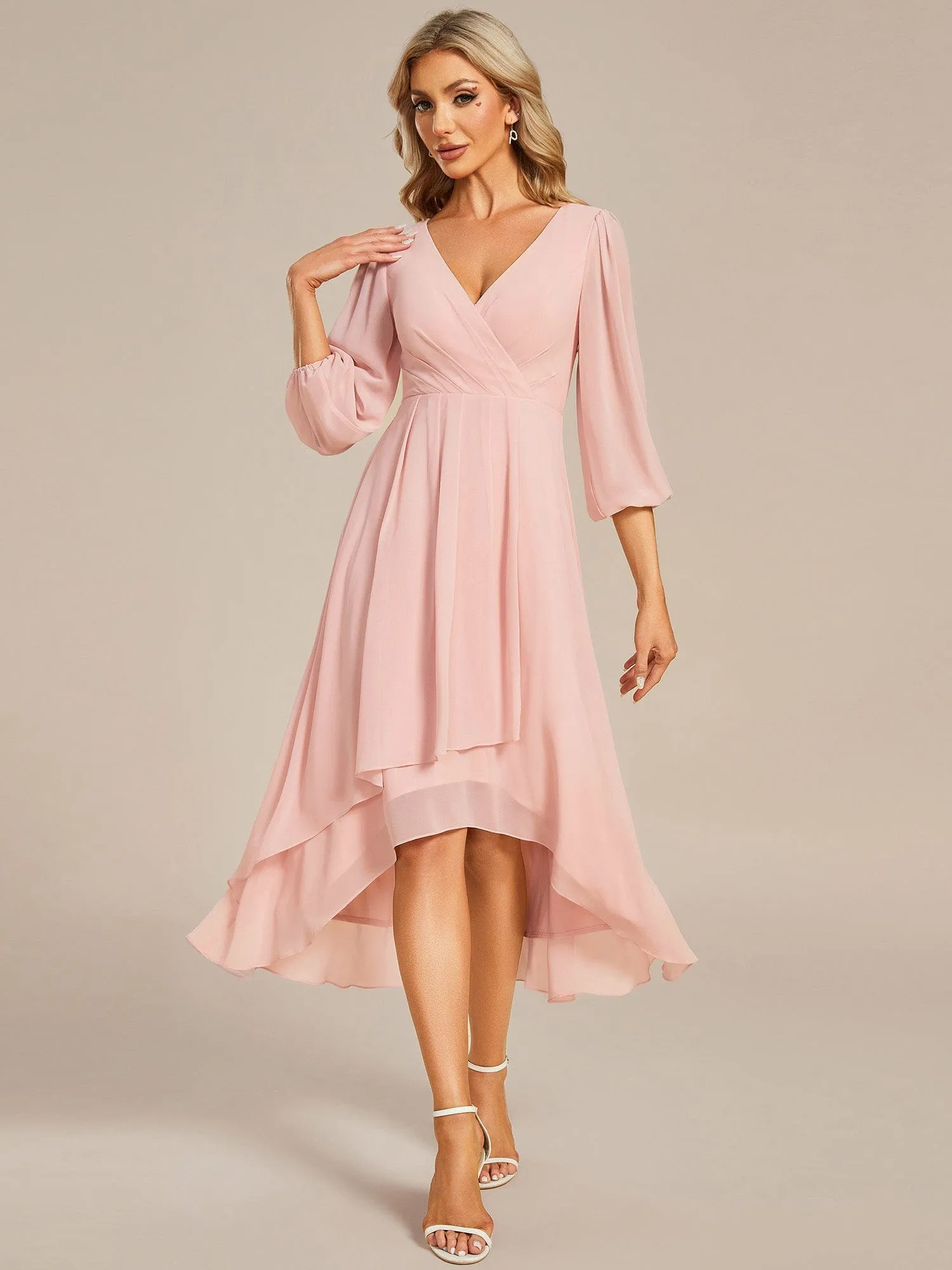 Elegant Long Sleeve V-Neck High Low Chiffon Wedding Guest Dress