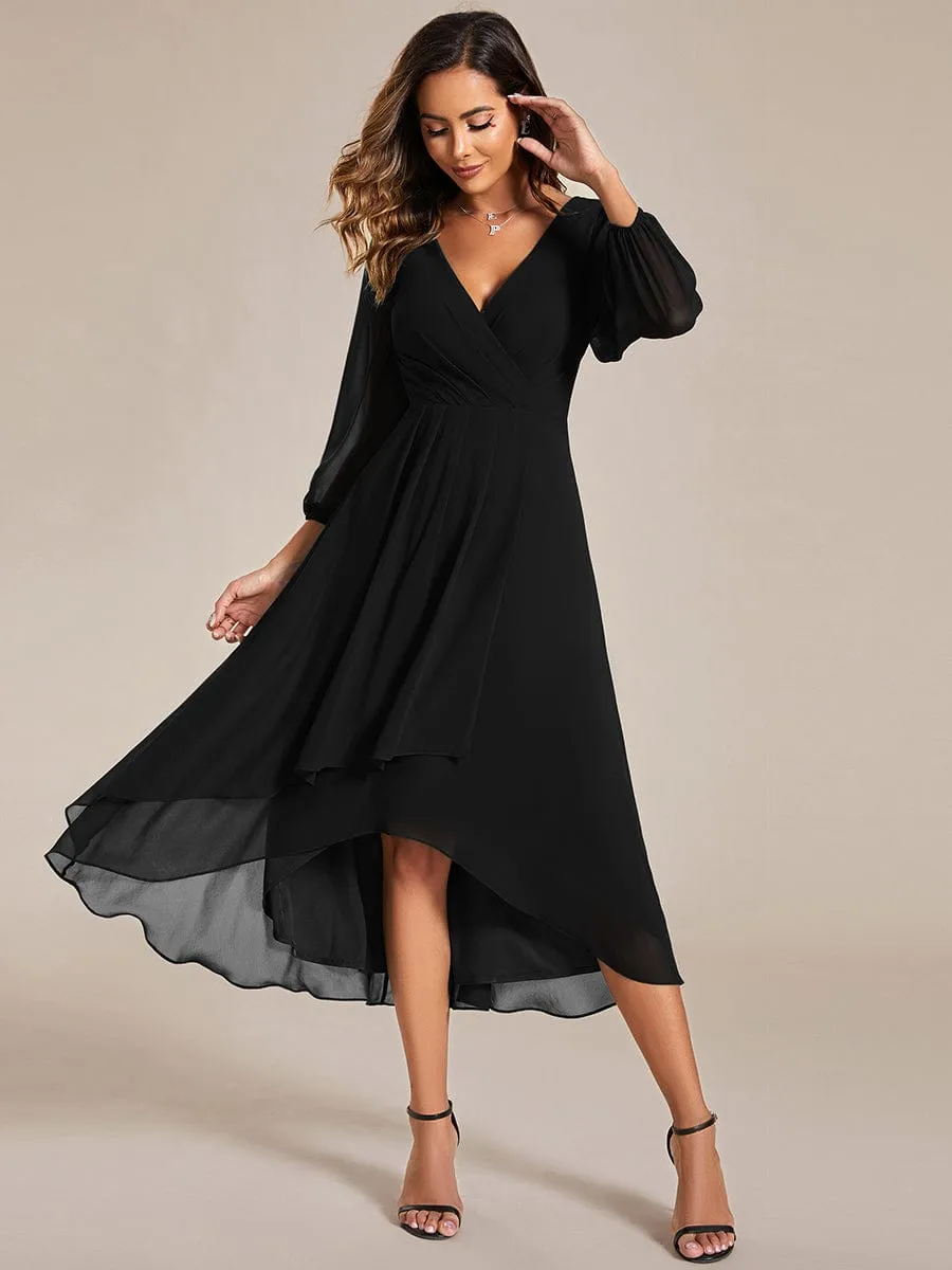 Elegant Long Sleeve V-Neck High Low Chiffon Wedding Guest Dress