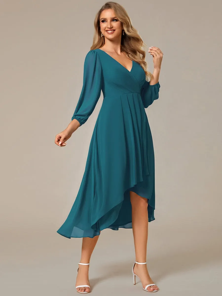 Elegant Long Sleeve V-Neck High Low Chiffon Wedding Guest Dress