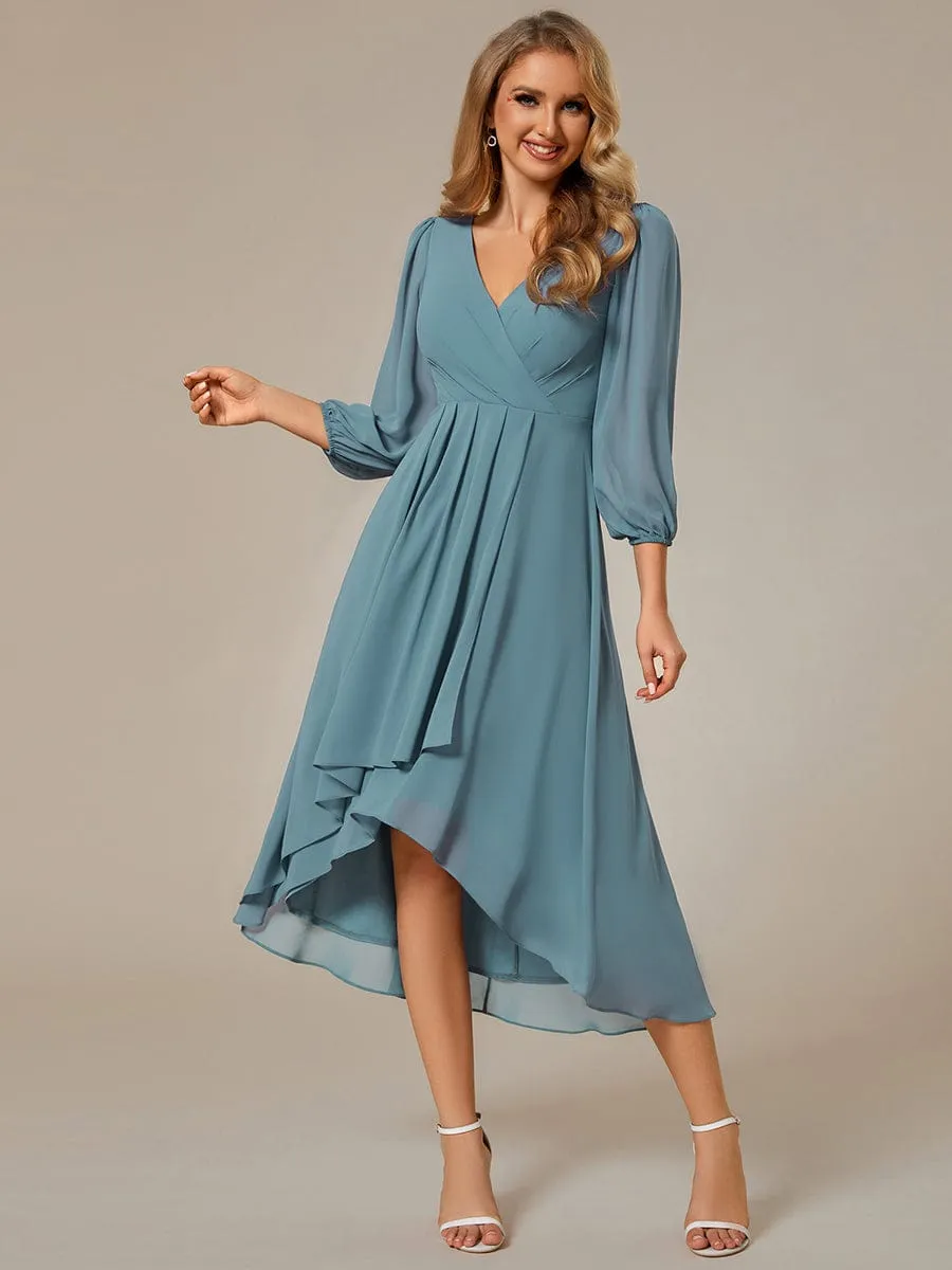 Elegant Long Sleeve V-Neck High Low Chiffon Wedding Guest Dress