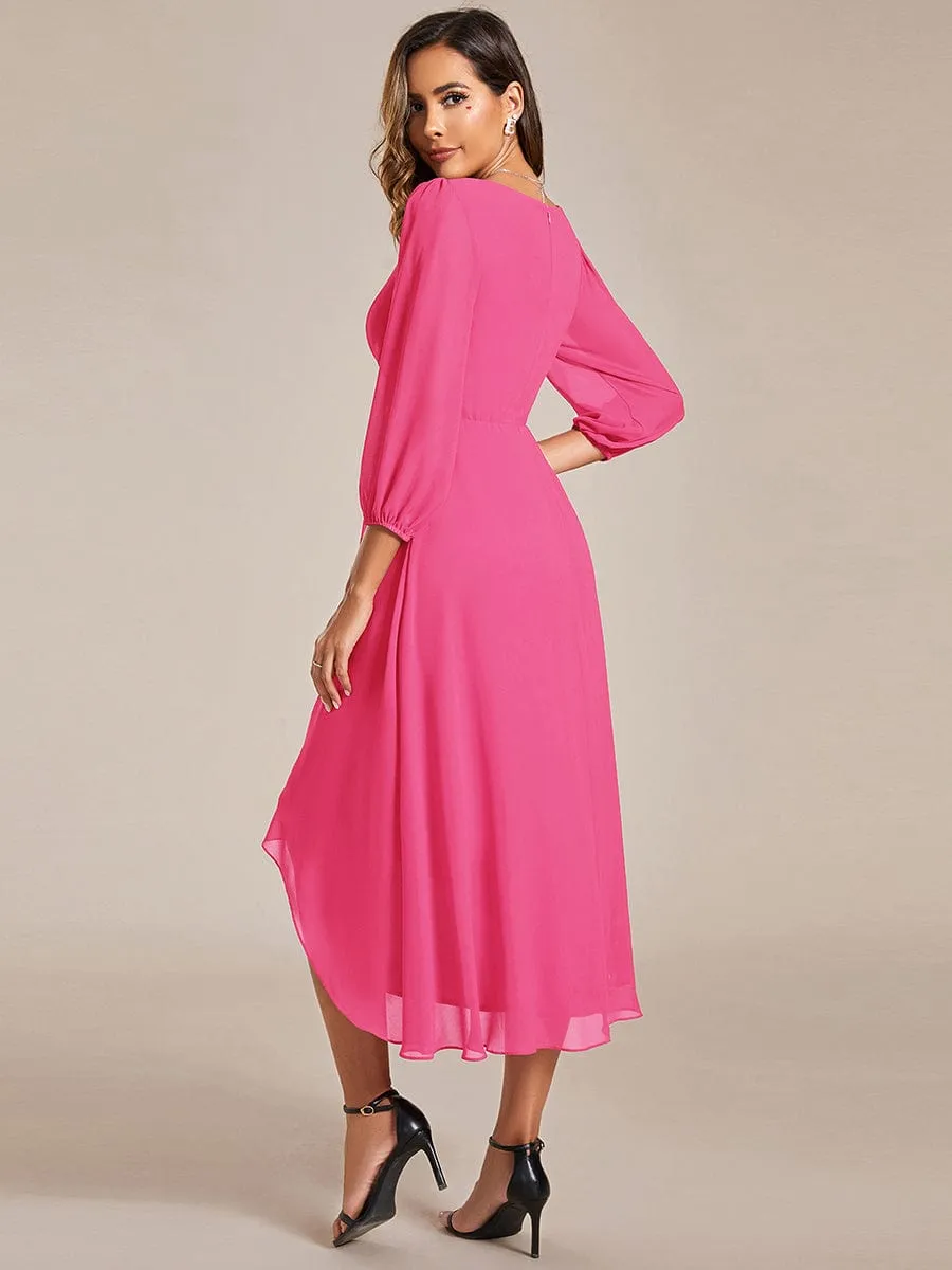 Elegant Long Sleeve V-Neck High Low Chiffon Wedding Guest Dress