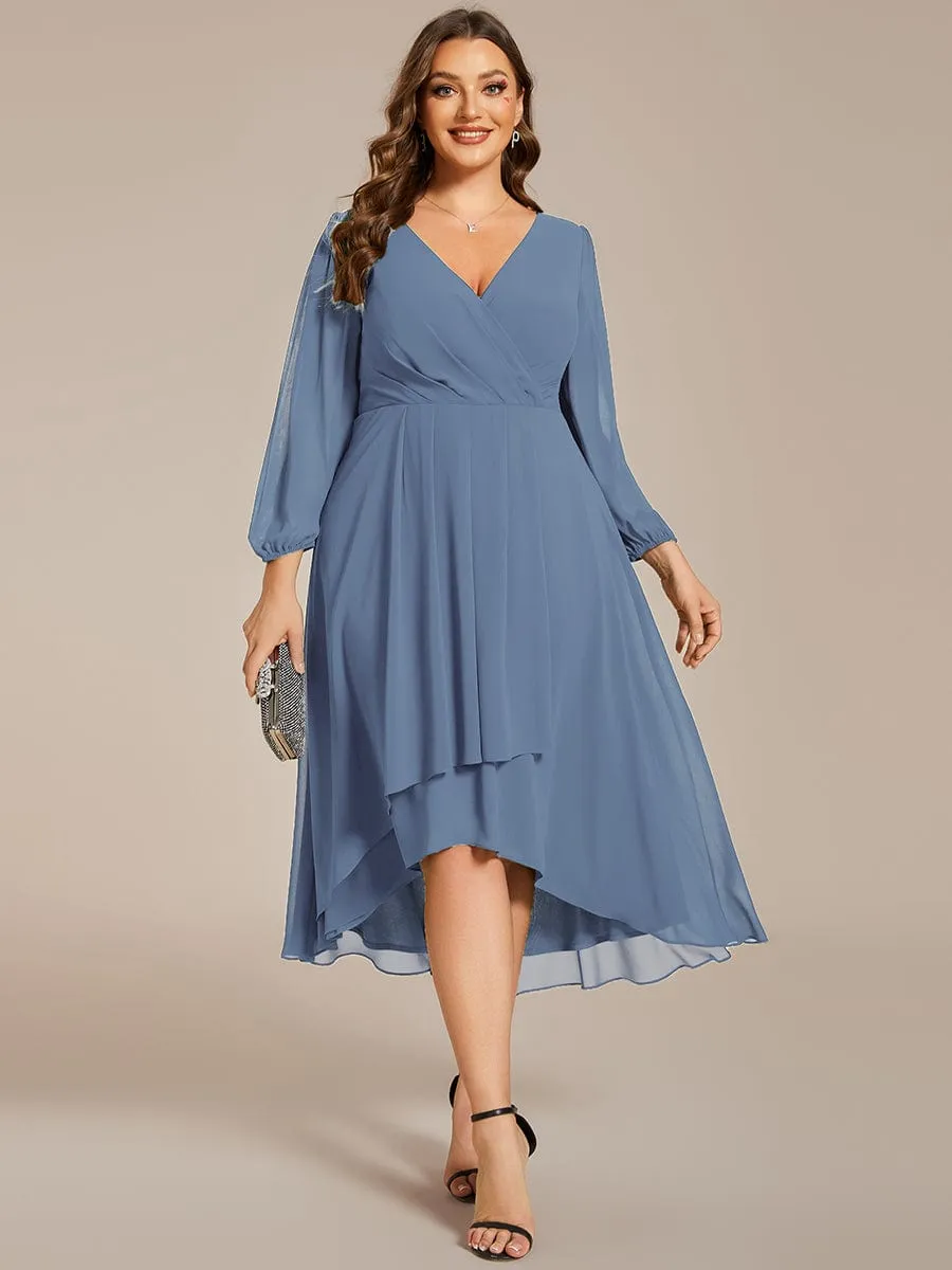 Elegant Long Sleeve V-Neck High Low Chiffon Wedding Guest Dress