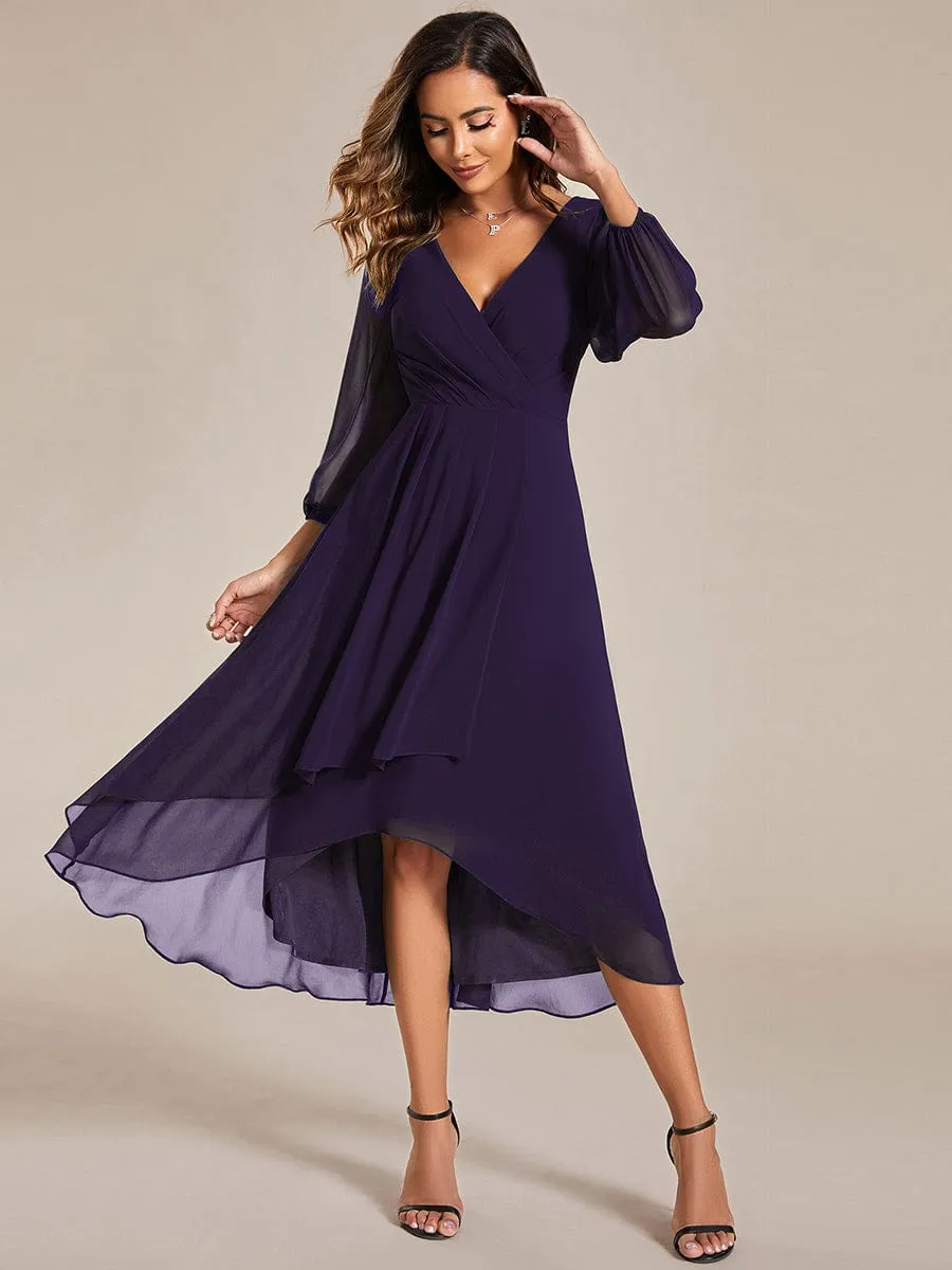 Elegant Long Sleeve V-Neck High Low Chiffon Wedding Guest Dress
