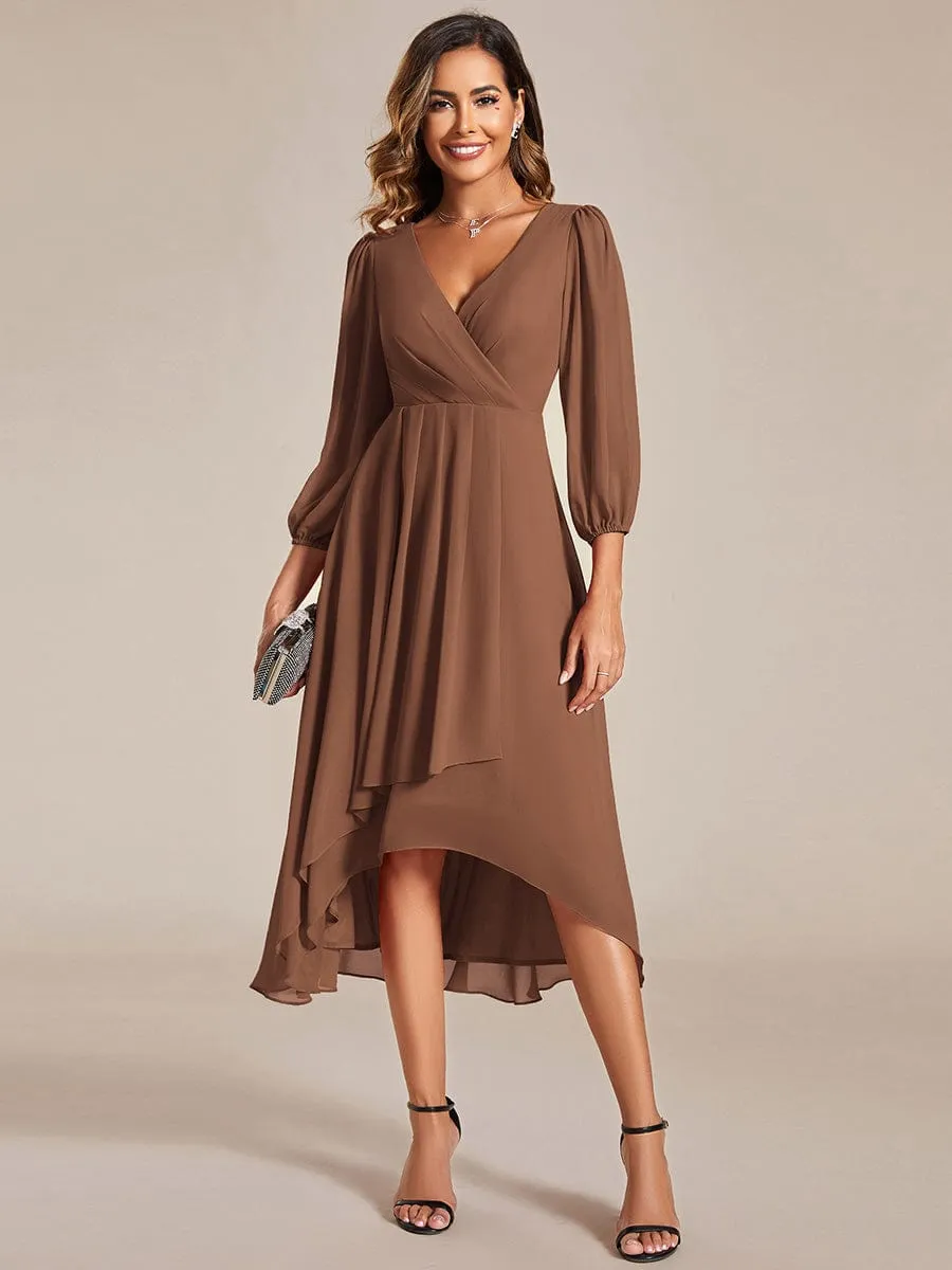 Elegant Long Sleeve V-Neck High Low Chiffon Wedding Guest Dress