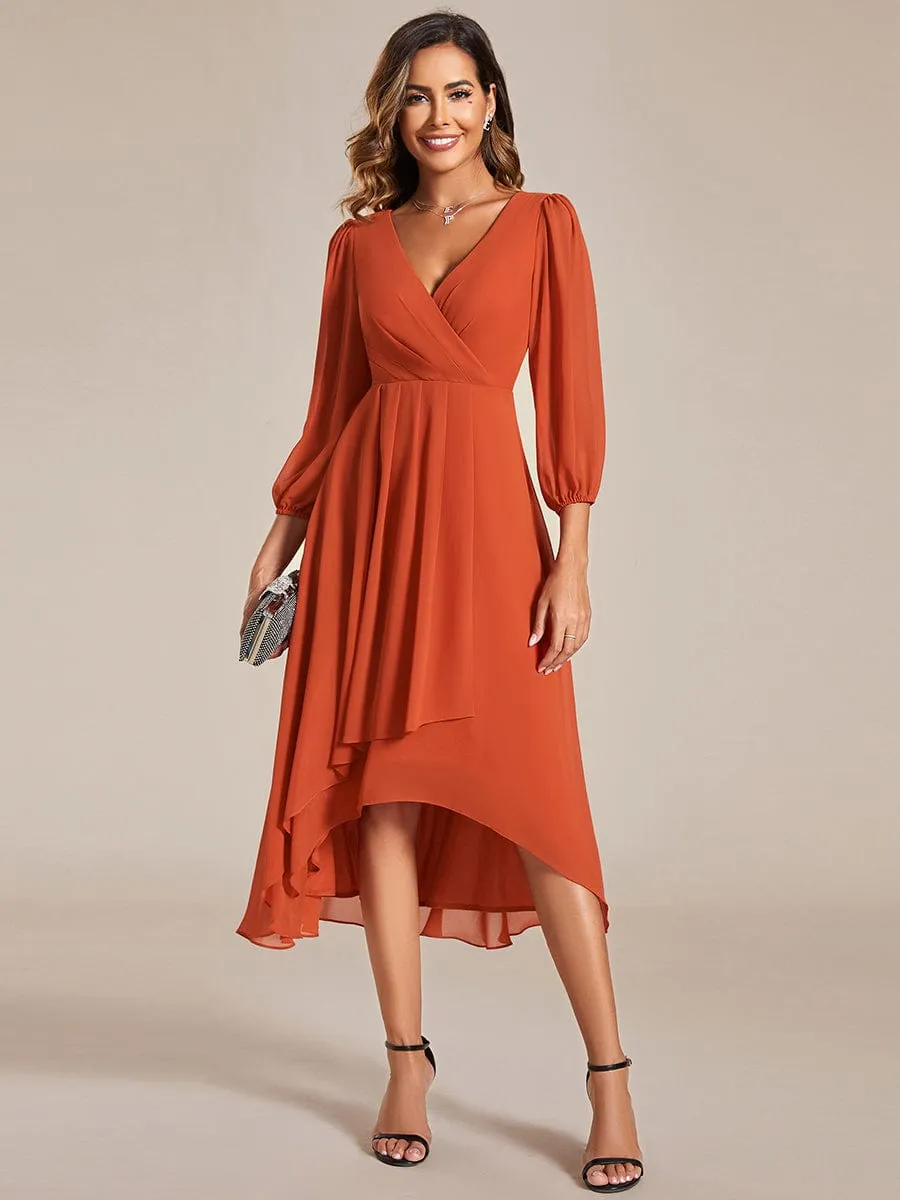 Elegant Long Sleeve V-Neck High Low Chiffon Wedding Guest Dress