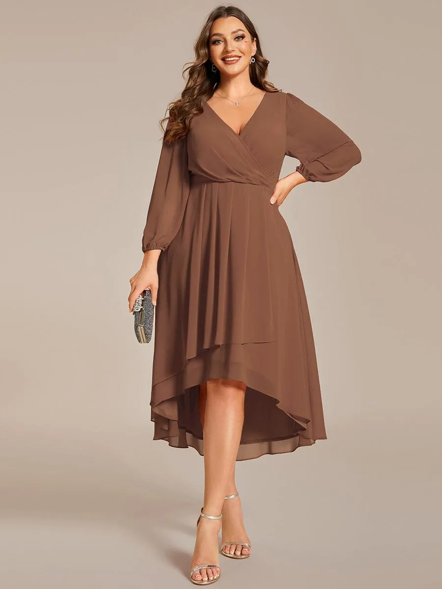 Elegant Long Sleeve V-Neck High Low Chiffon Wedding Guest Dress