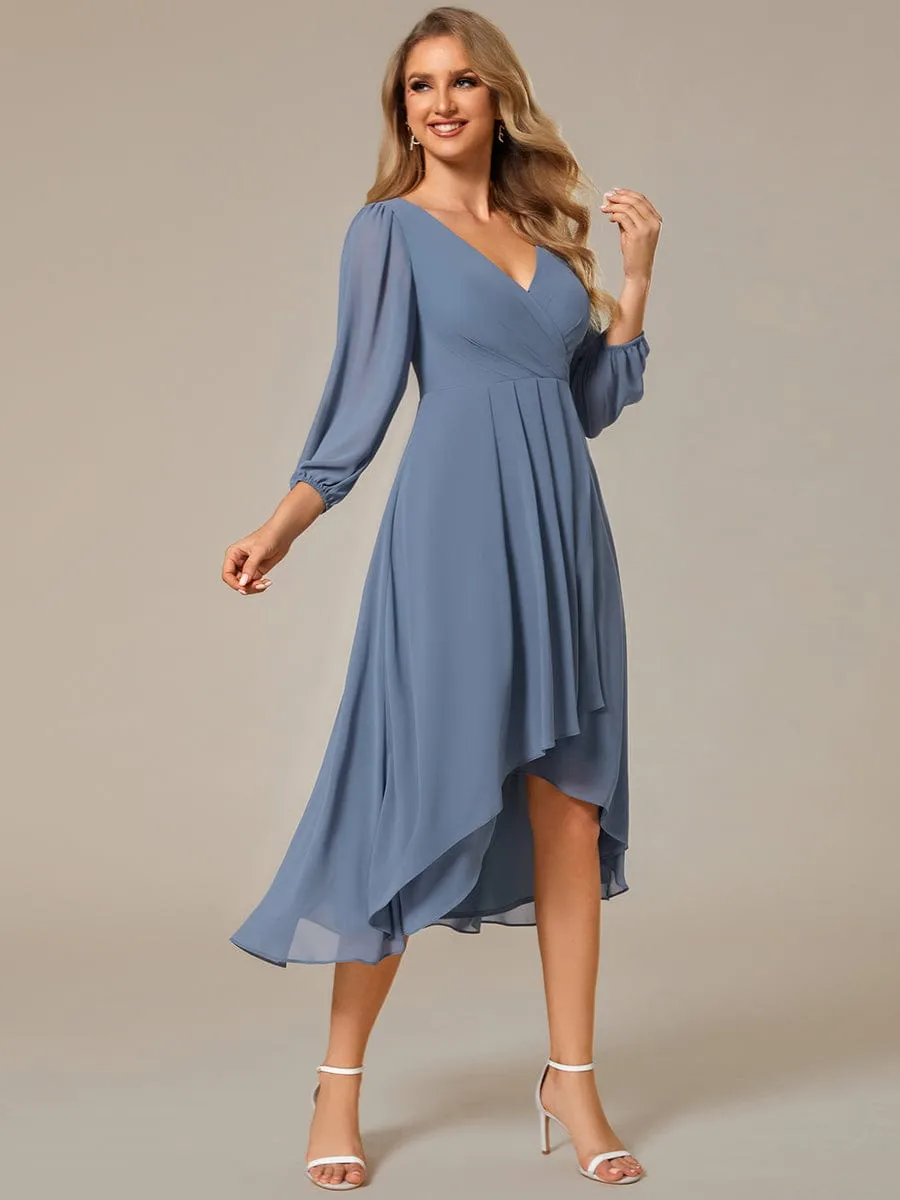 Elegant Long Sleeve V-Neck High Low Chiffon Wedding Guest Dress