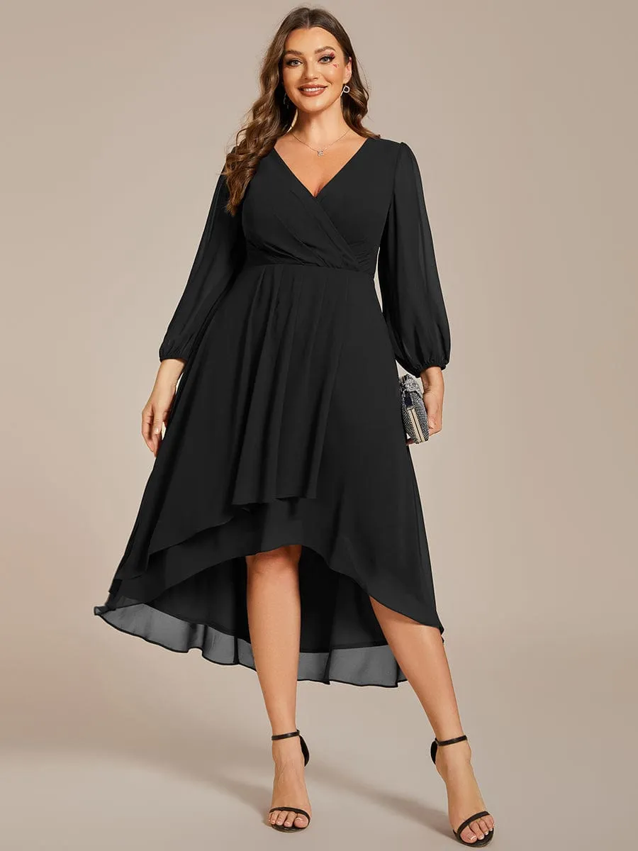 Elegant Long Sleeve V-Neck High Low Chiffon Wedding Guest Dress