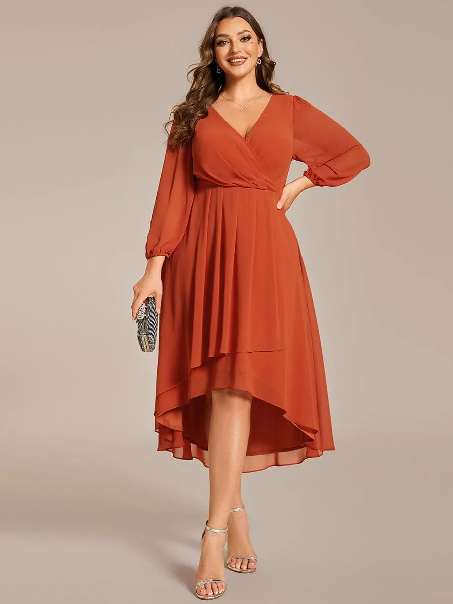 Elegant Long Sleeve V-Neck High Low Chiffon Wedding Guest Dress