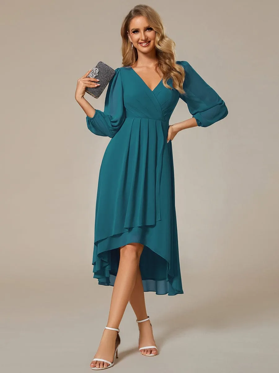 Elegant Long Sleeve V-Neck High Low Chiffon Wedding Guest Dress