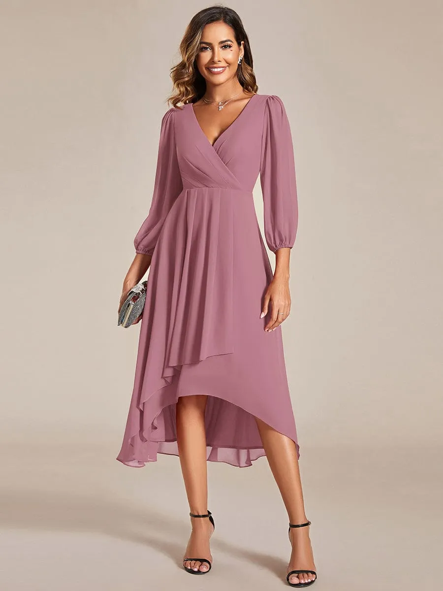 Elegant Long Sleeve V-Neck High Low Chiffon Wedding Guest Dress
