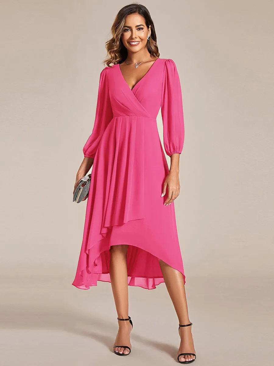 Elegant Long Sleeve V-Neck High Low Chiffon Wedding Guest Dress
