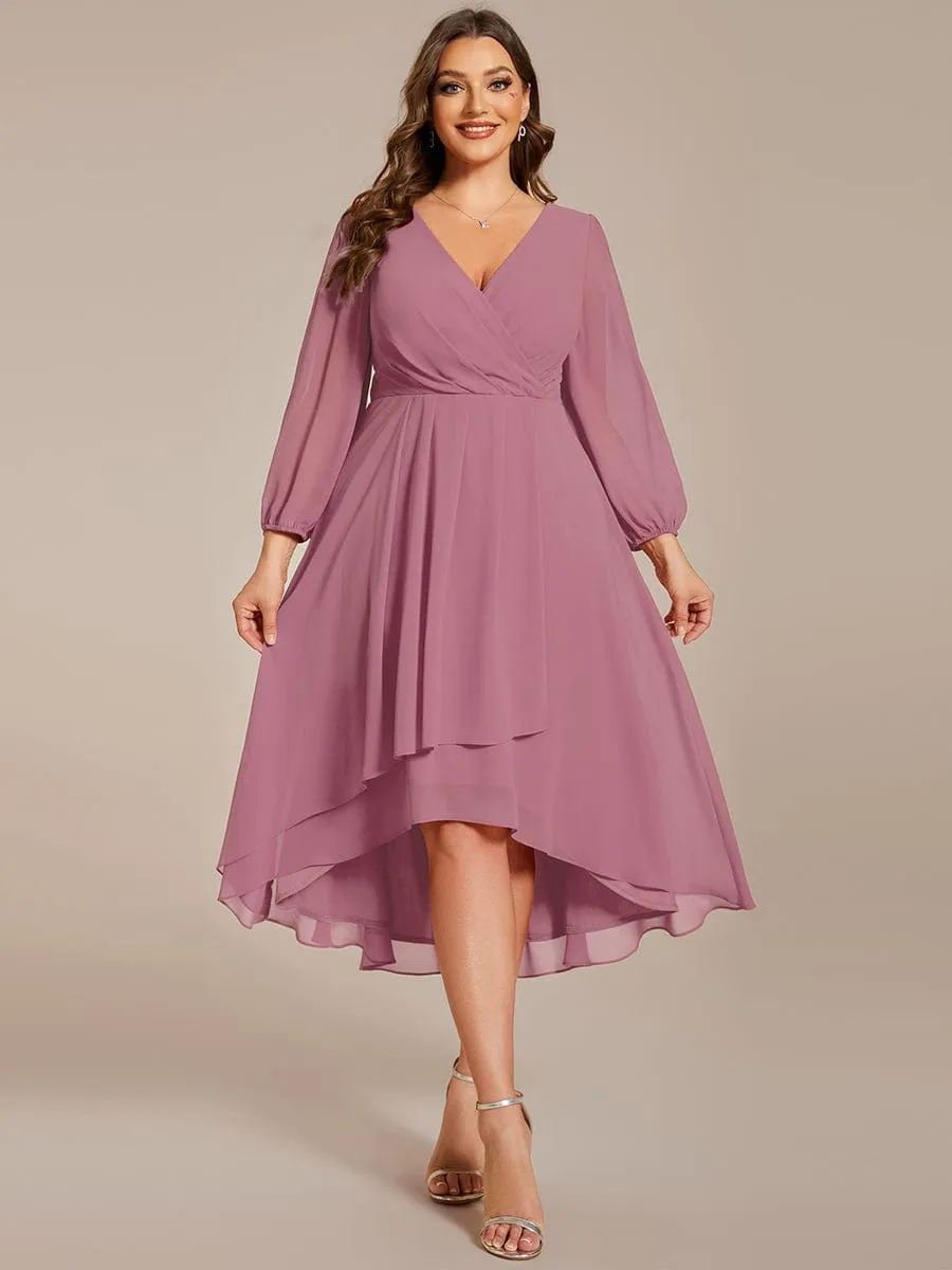 Elegant Long Sleeve V-Neck High Low Chiffon Wedding Guest Dress