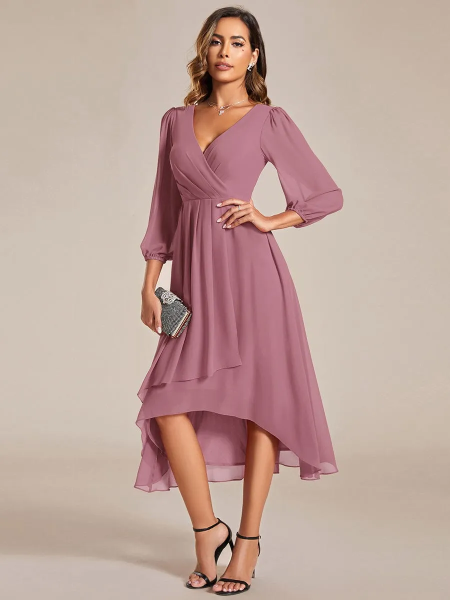 Elegant Long Sleeve V-Neck High Low Chiffon Wedding Guest Dress