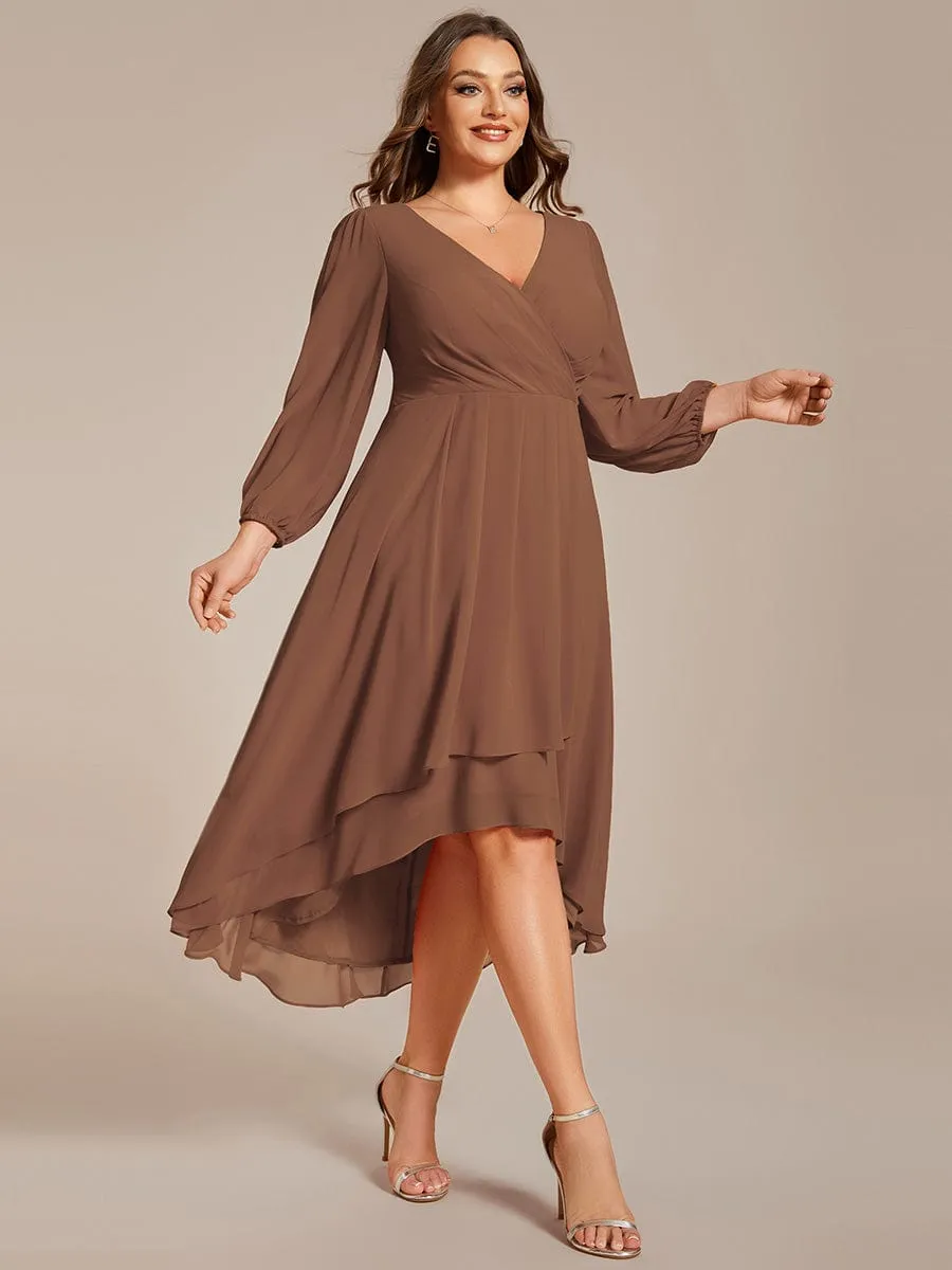 Elegant Long Sleeve V-Neck High Low Chiffon Wedding Guest Dress