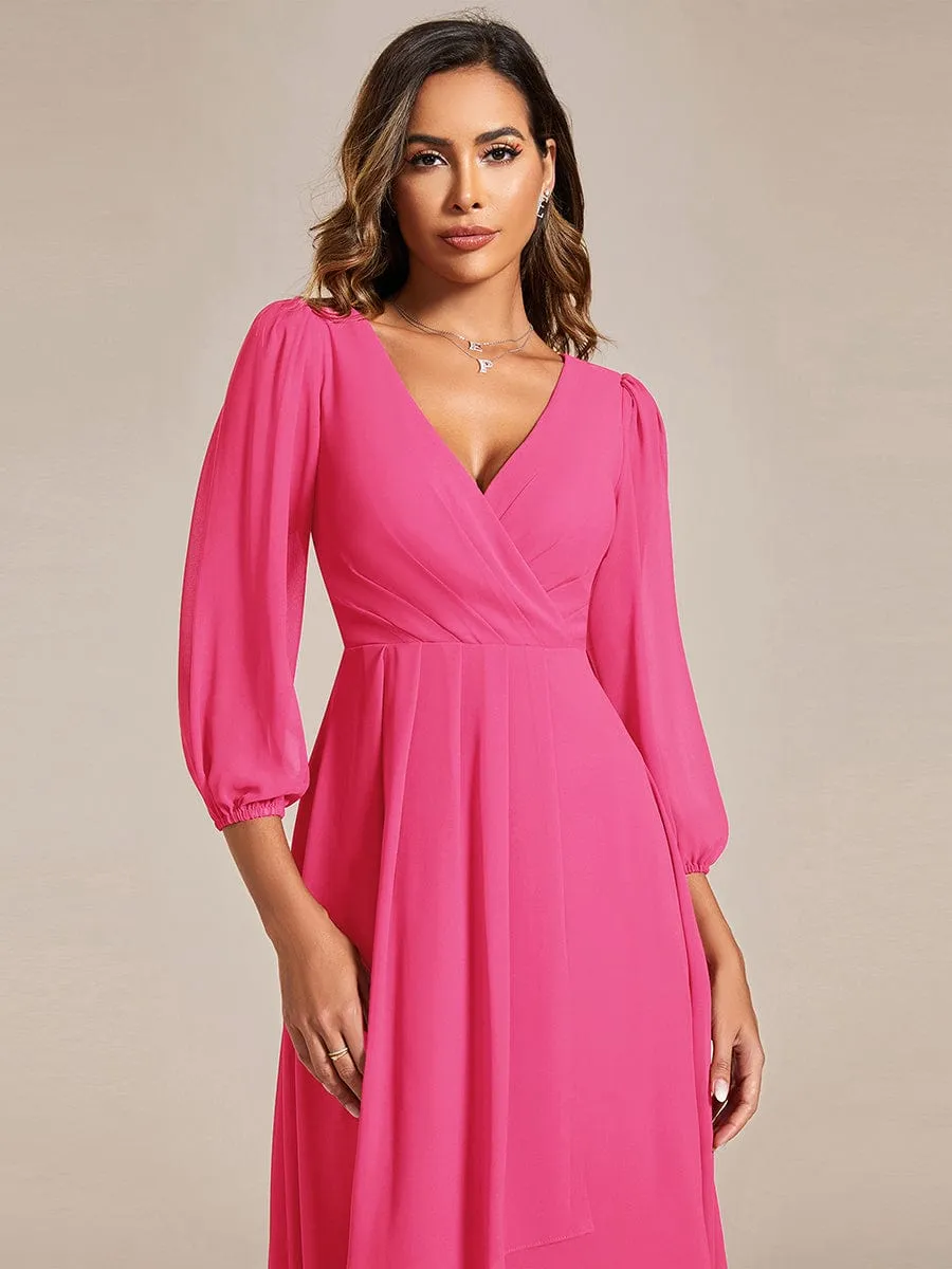 Elegant Long Sleeve V-Neck High Low Chiffon Wedding Guest Dress