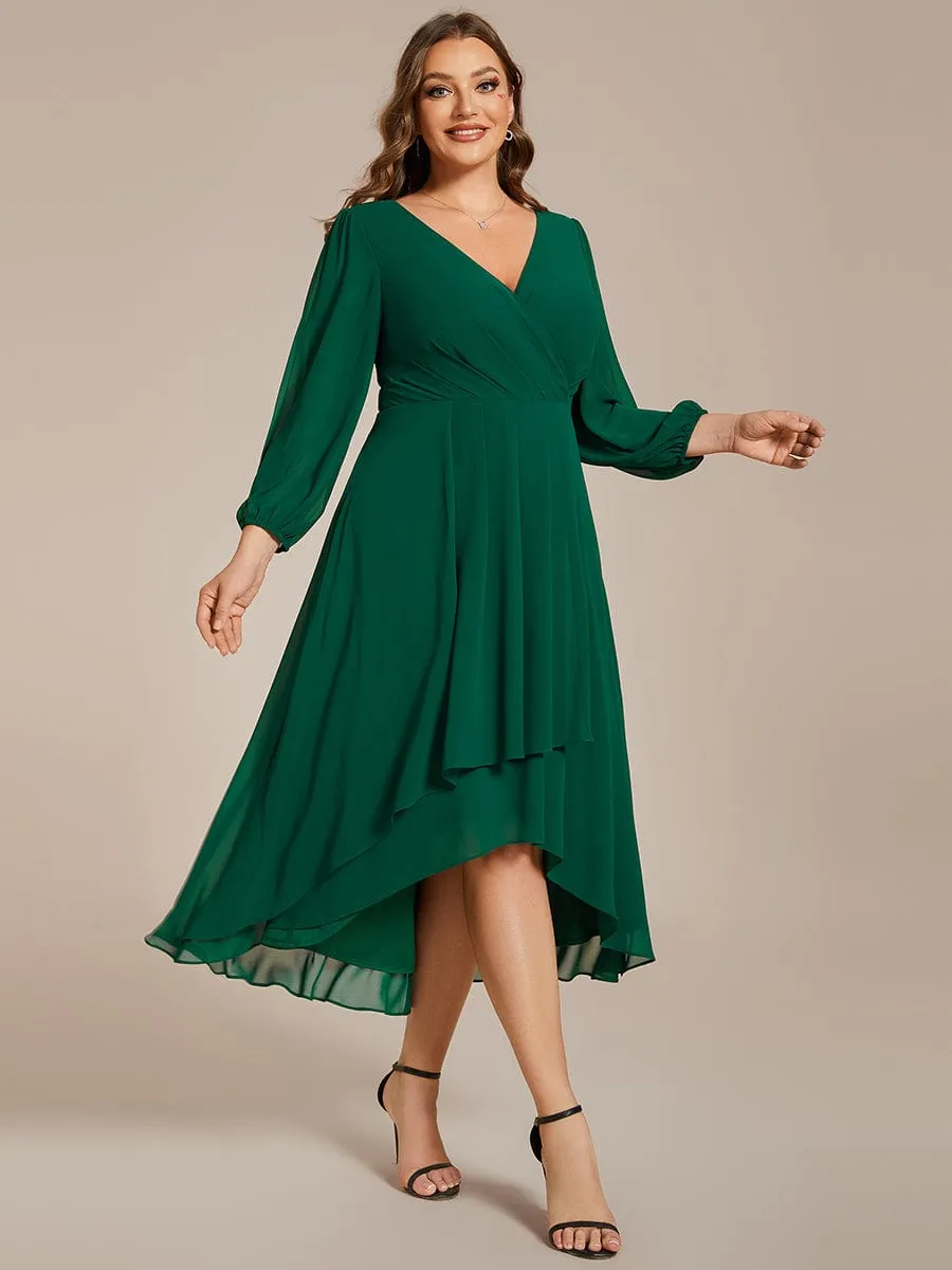 Elegant Long Sleeve V-Neck High Low Chiffon Wedding Guest Dress