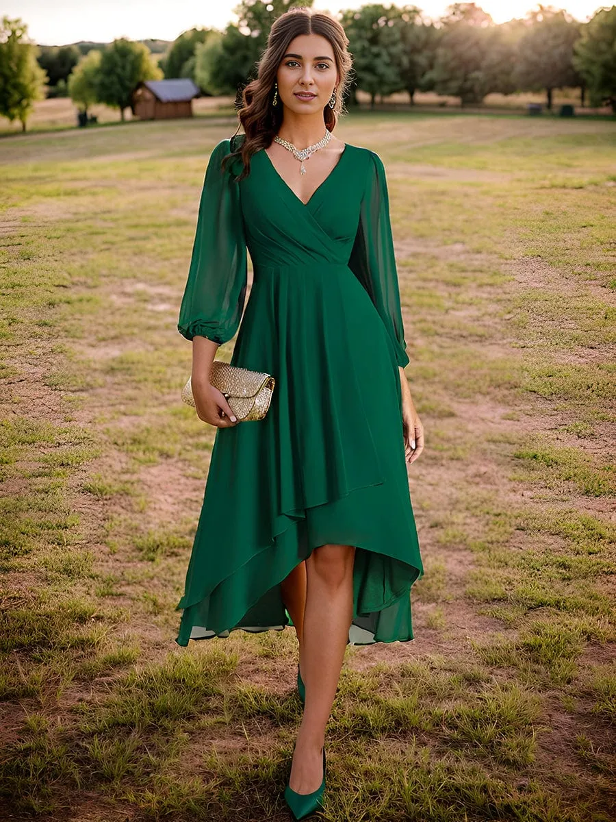 Elegant Long Sleeve V-Neck High Low Chiffon Wedding Guest Dress