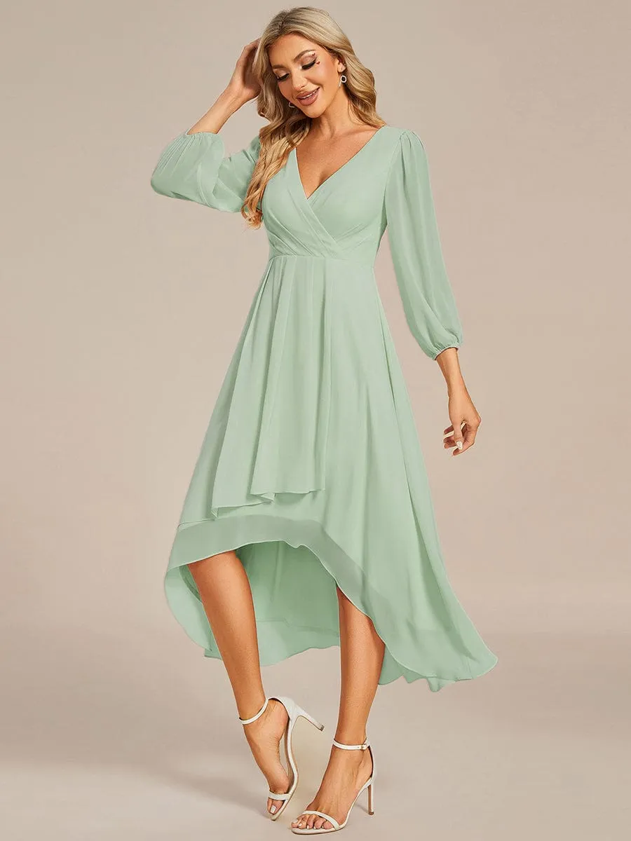 Elegant Long Sleeve V-Neck High Low Chiffon Wedding Guest Dress