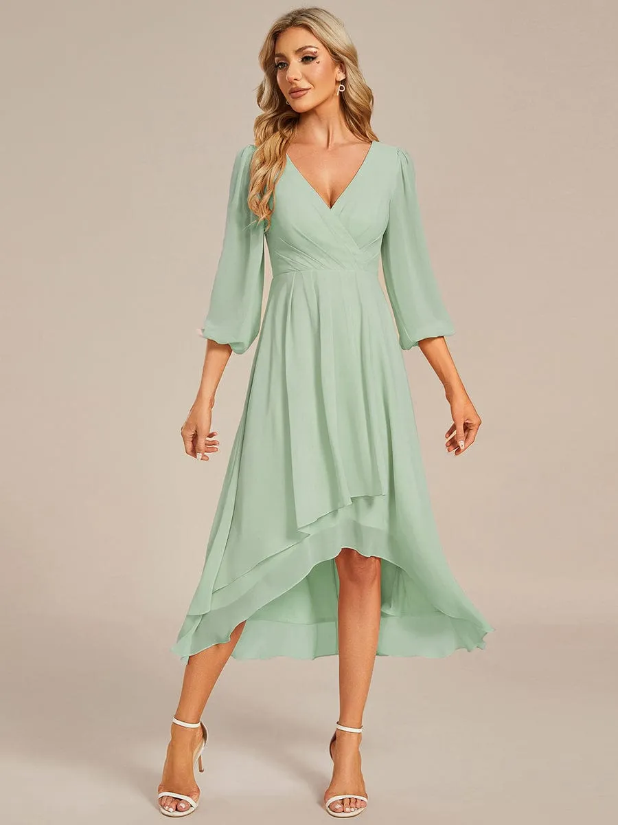 Elegant Long Sleeve V-Neck High Low Chiffon Wedding Guest Dress