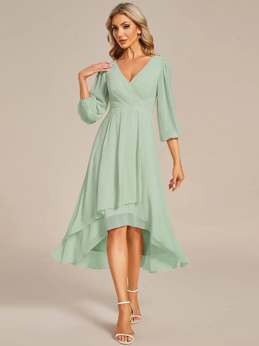 Elegant Long Sleeve V-Neck High Low Chiffon Wedding Guest Dress