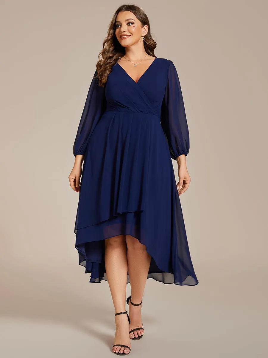 Elegant Long Sleeve V-Neck High Low Chiffon Wedding Guest Dress