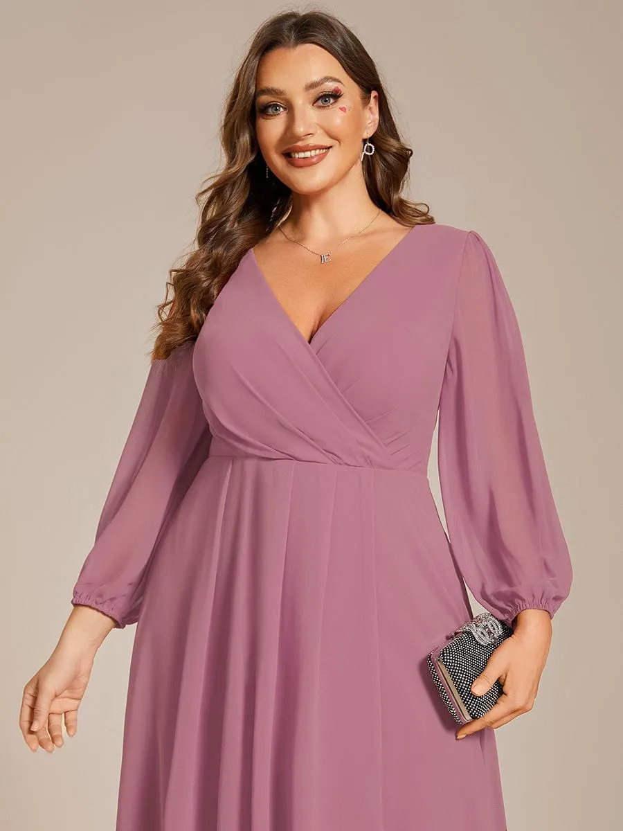 Elegant Long Sleeve V-Neck High Low Chiffon Wedding Guest Dress