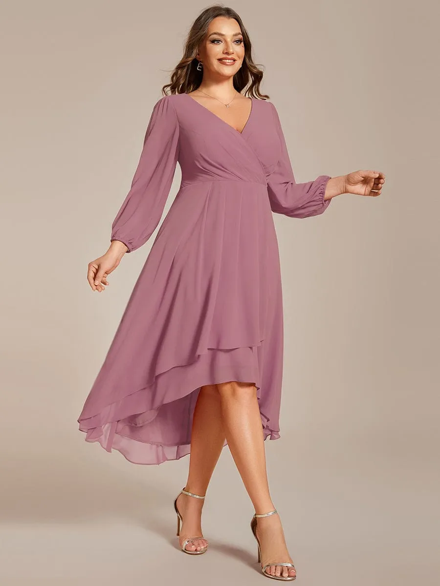 Elegant Long Sleeve V-Neck High Low Chiffon Wedding Guest Dress