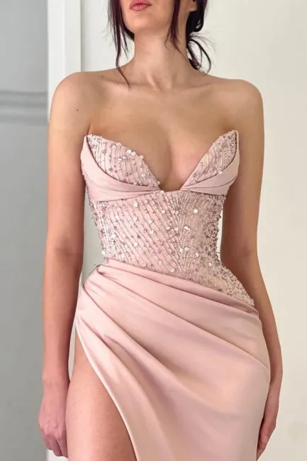 Elegant Peach V-neck Mermaid Evening Dresses Long Simple Prom Dresses With Slit