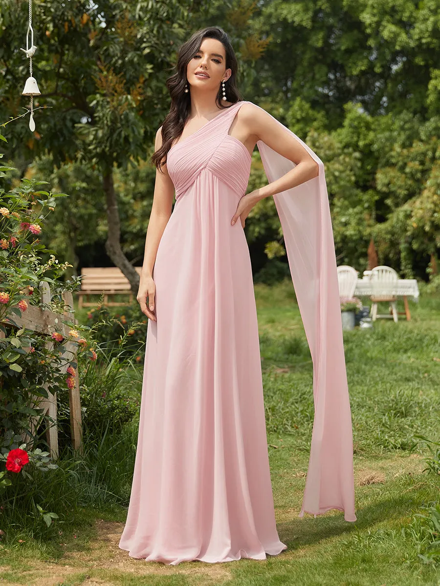 Elegant Pleated A-Line Floor Length One Shoulder Sleeveless Wholesale Bridesmaids Dress
