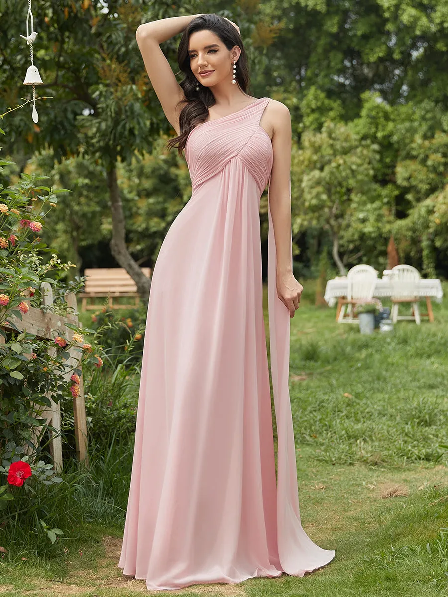 Elegant Pleated A-Line Floor Length One Shoulder Sleeveless Wholesale Bridesmaids Dress