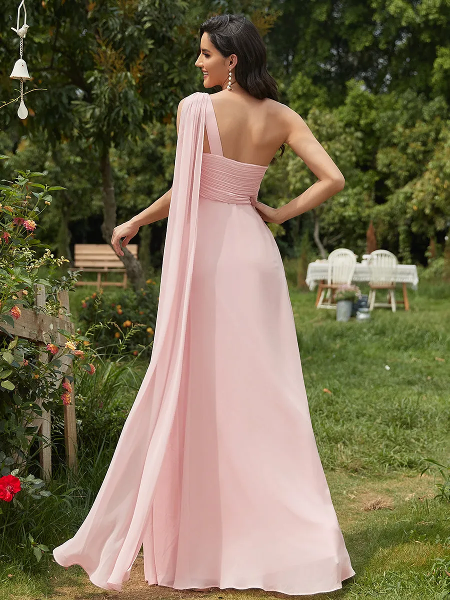 Elegant Pleated A-Line Floor Length One Shoulder Sleeveless Wholesale Bridesmaids Dress