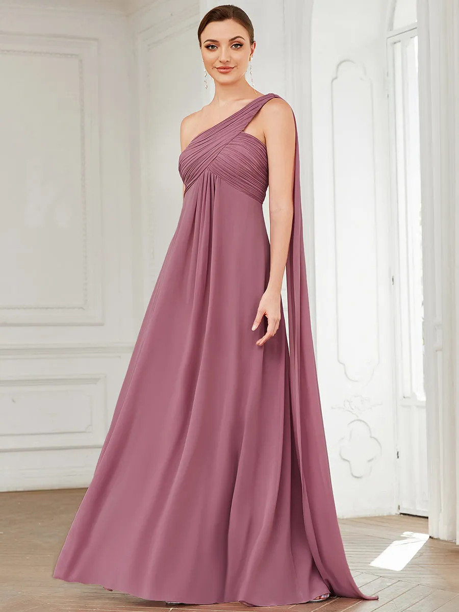 Elegant Pleated A-Line Floor Length One Shoulder Sleeveless Wholesale Bridesmaids Dress