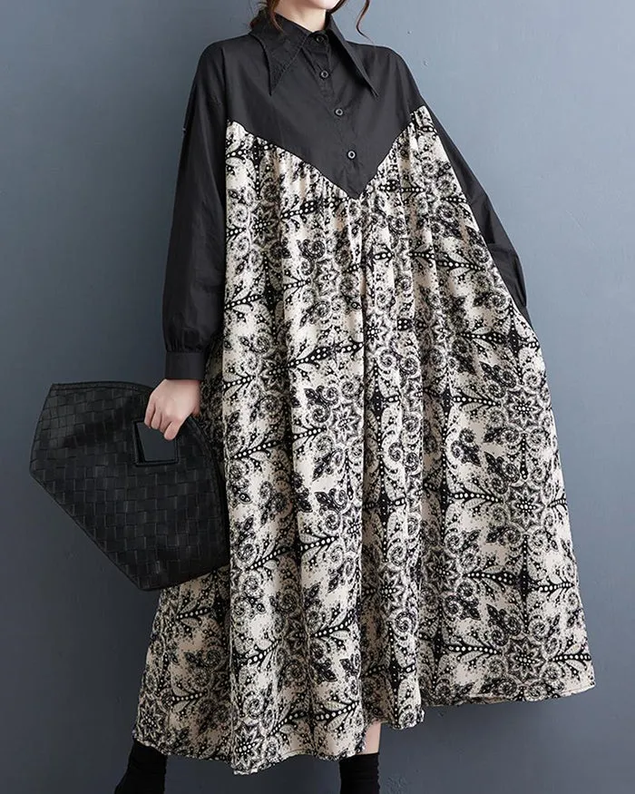 ellazhu Women's Long Sleeve Funky Color Block Lapel Floral Print Shirt Dress GZ125 Black