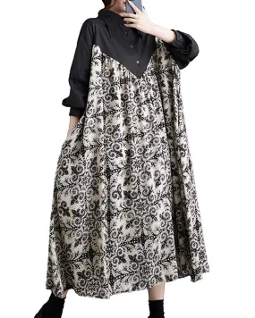 ellazhu Women's Long Sleeve Funky Color Block Lapel Floral Print Shirt Dress GZ125 Black