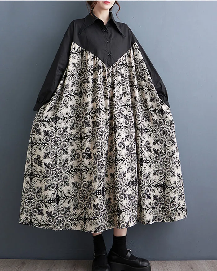 ellazhu Women's Long Sleeve Funky Color Block Lapel Floral Print Shirt Dress GZ125 Black