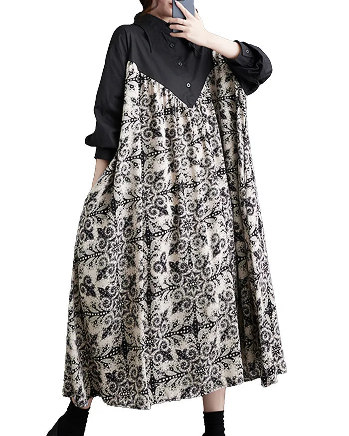 ellazhu Women's Long Sleeve Funky Color Block Lapel Floral Print Shirt Dress GZ125 Black