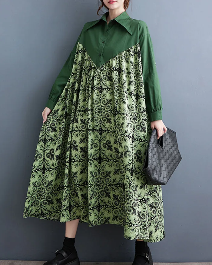 ellazhu Women's Long Sleeve Funky Color Block Lapel Floral Print Shirt Dress GZ125 Black