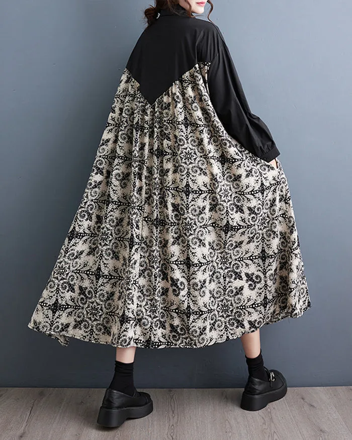 ellazhu Women's Long Sleeve Funky Color Block Lapel Floral Print Shirt Dress GZ125 Black